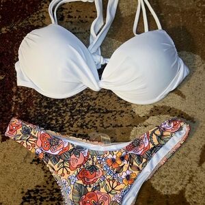 Floral and White Bikini Set